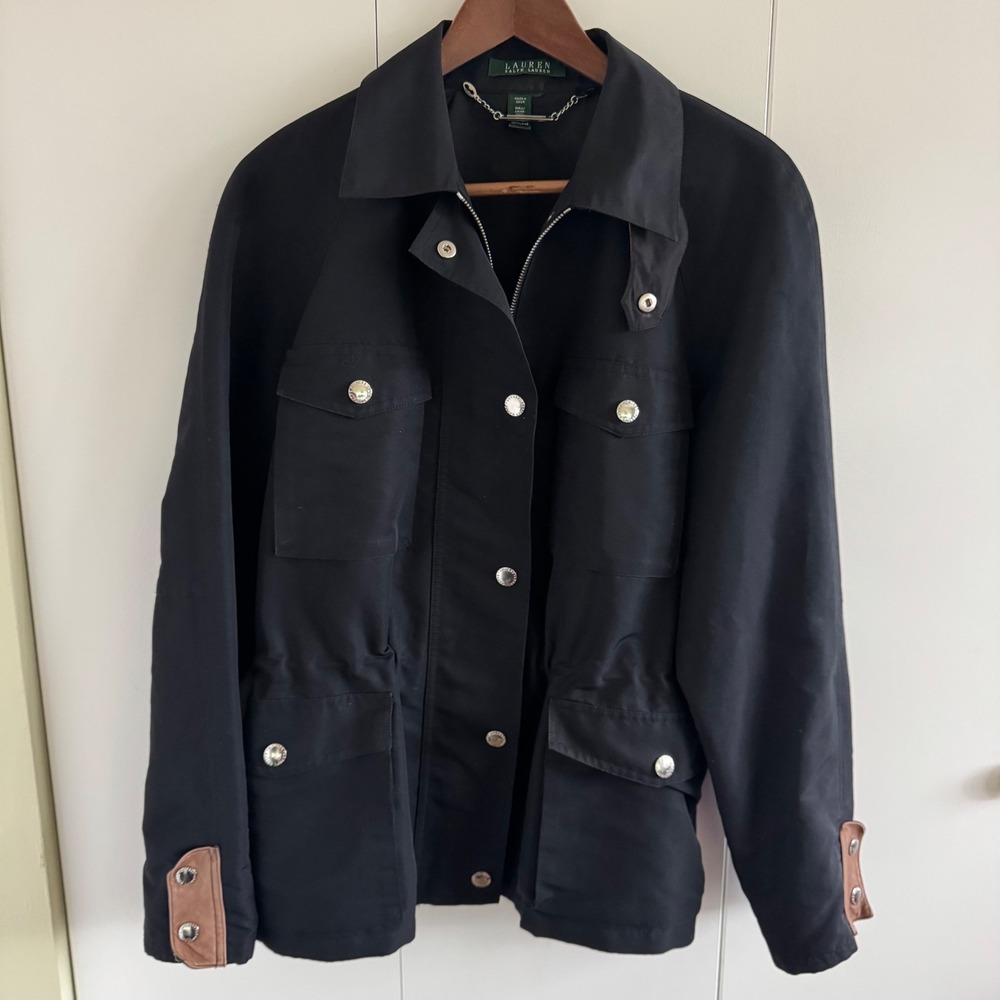 Lauren Ralph Lauren Black Field Jacket Leather Trim Utility Coat Womens